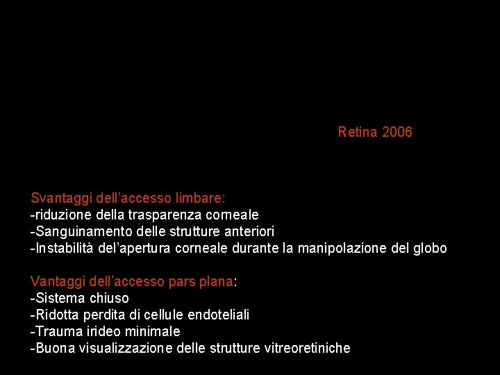 Retina 2006 Svantaggi dell’accesso limbare: -riduzione della trasparenza corneale -Sanguinamento delle strutture anteriori -Instabilità