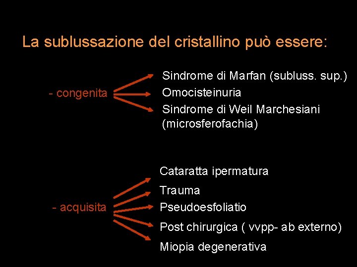 La sublussazione del cristallino può essere: - congenita Sindrome di Marfan (subluss. sup. )