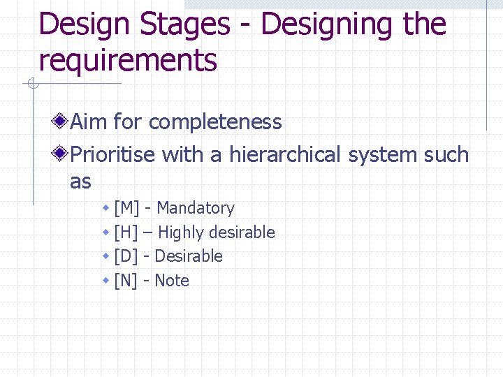 Design Stages - Designing the requirements Aim for completeness Prioritise with a hierarchical system