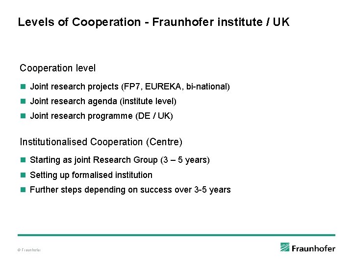 Levels of Cooperation - Fraunhofer institute / UK Cooperation level n Joint research projects