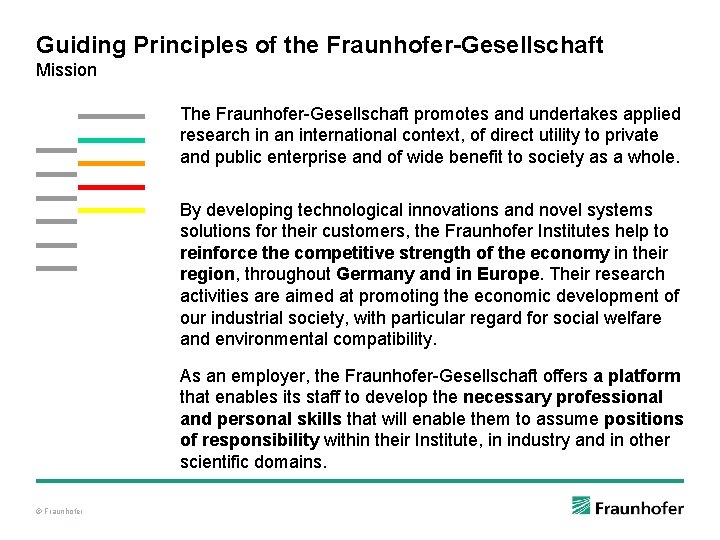 Guiding Principles of the Fraunhofer-Gesellschaft Mission The Fraunhofer-Gesellschaft promotes and undertakes applied research in