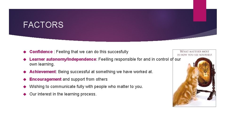FACTORS Confidence : Feeling that we can do this succesfully Learner autonomy/Independence: Feelling responsible