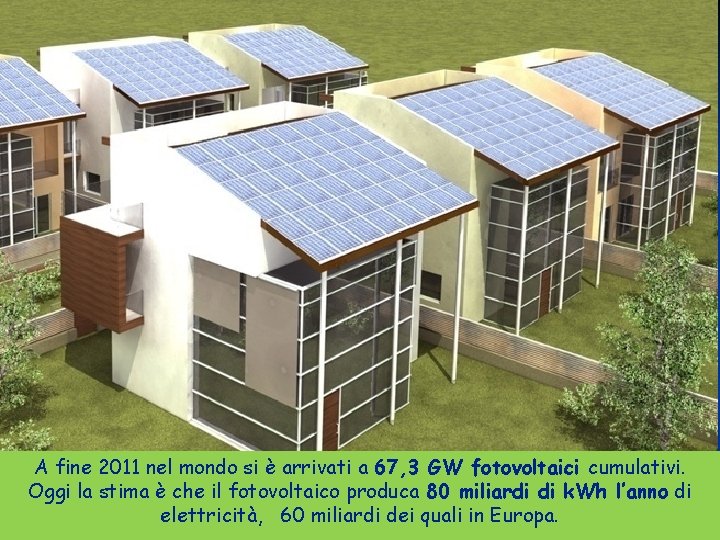 A fine 2011 nel mondo si è arrivati a 67, 3 GW fotovoltaici cumulativi.