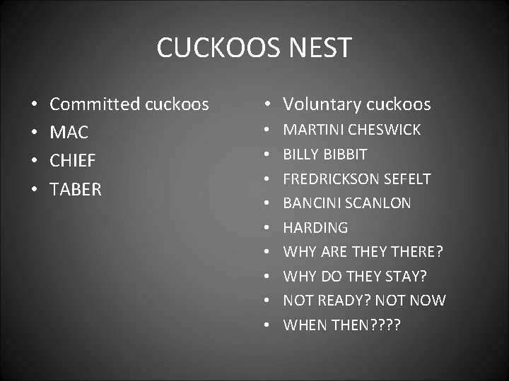 CUCKOOS NEST • • Committed cuckoos MAC CHIEF TABER • Voluntary cuckoos • •