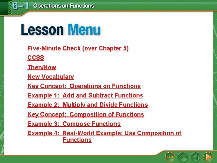 Five-Minute Check (over Chapter 5) CCSS Then/Now New Vocabulary Key Concept: Operations on Functions