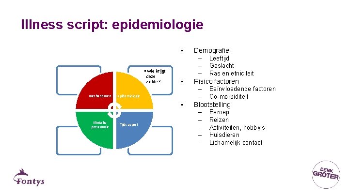 Illness script: epidemiologie • • Wie krijgt deze ziekte? mechanismen • epidemiologie • Klinische