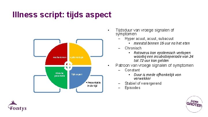 Illness script: tijds aspect • mechanismen epidemiologie • Klinische presentatie Tijds aspect • Presentatie