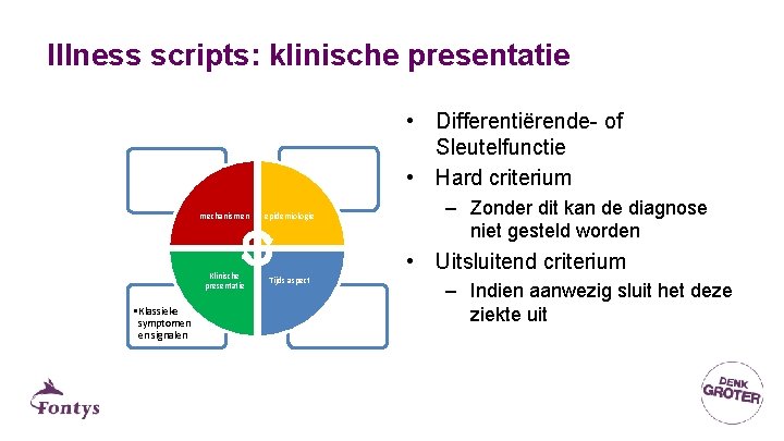 Illness scripts: klinische presentatie • Differentiërende- of Sleutelfunctie • Hard criterium mechanismen Klinische presentatie