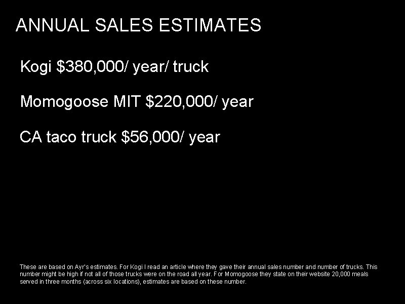 ANNUAL SALES ESTIMATES Kogi $380, 000/ year/ truck Momogoose MIT $220, 000/ year CA