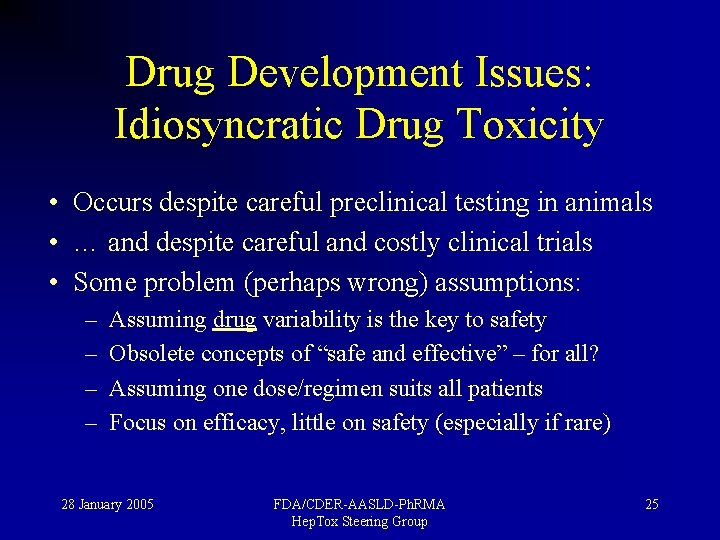 Drug Development Issues: Idiosyncratic Drug Toxicity • Occurs despite careful preclinical testing in animals