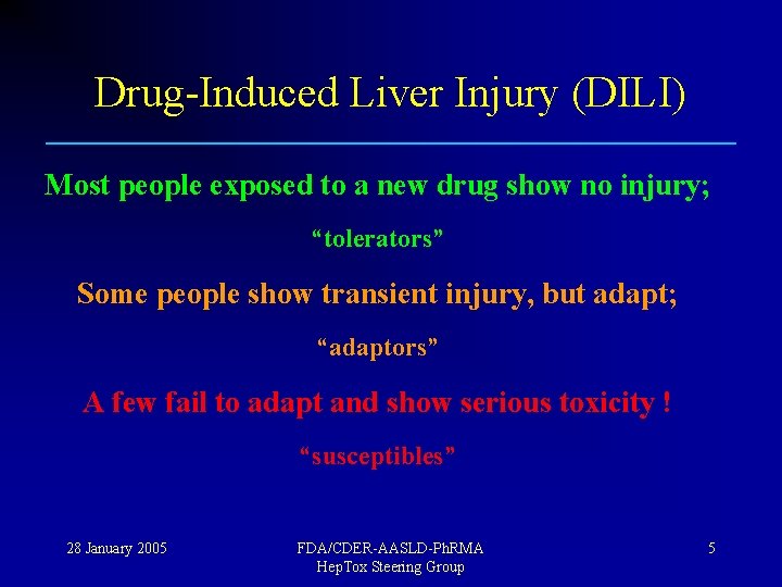 Drug-Induced Liver Injury (DILI) Most people exposed to a new drug show no injury;