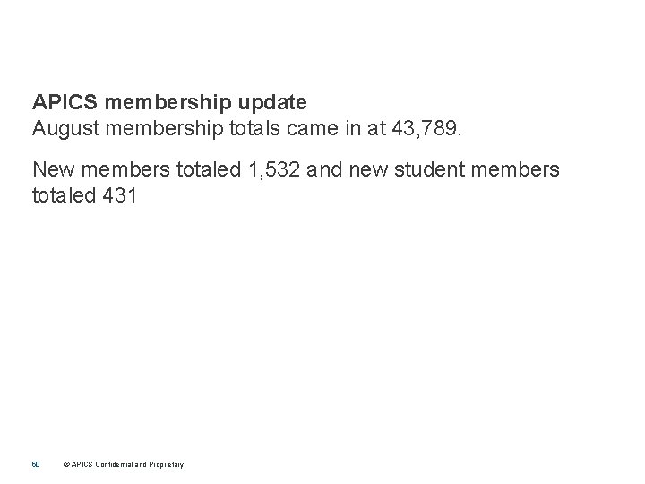 APICS membership update August membership totals came in at 43, 789. New members totaled