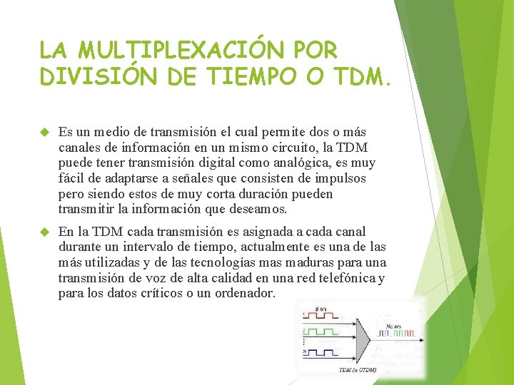 LA MULTIPLEXACIÓN POR DIVISIÓN DE TIEMPO O TDM. Es un medio de transmisión el