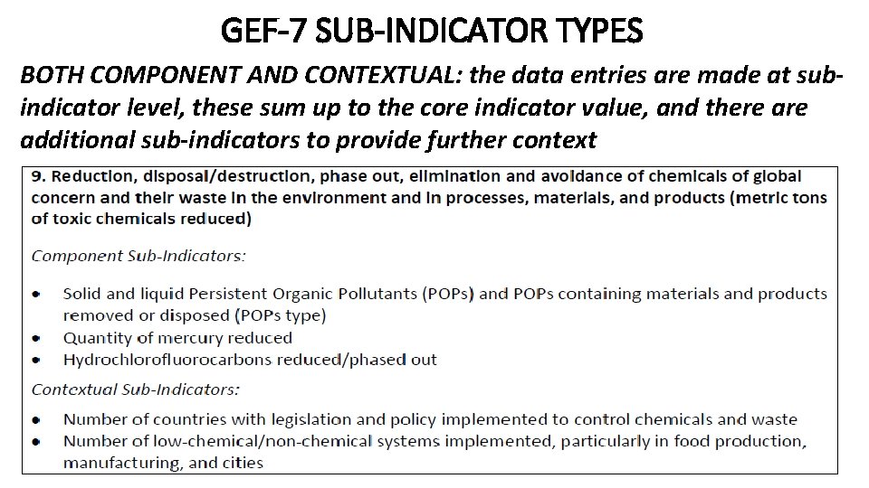 GEF-7 SUB-INDICATOR TYPES BOTH COMPONENT AND CONTEXTUAL: the data entries are made at subindicator GEF-7 SUB-INDICATOR TYPES BOTH COMPONENT AND CONTEXTUAL: the data entries are made at subindicator