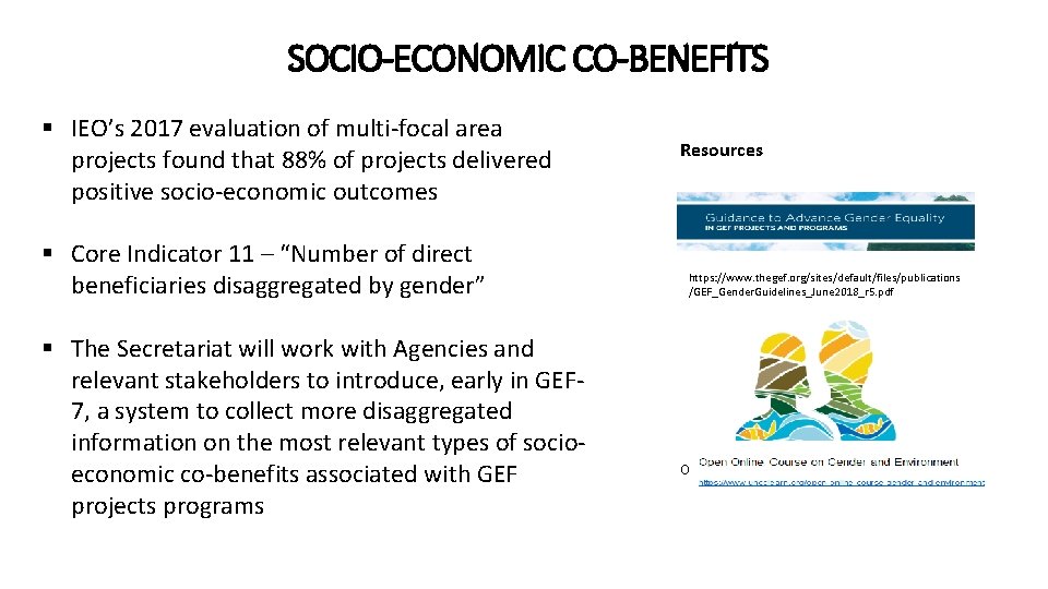 SOCIO-ECONOMIC CO-BENEFITS § IEO’s 2017 evaluation of multi-focal area projects found that 88% of SOCIO-ECONOMIC CO-BENEFITS § IEO’s 2017 evaluation of multi-focal area projects found that 88% of