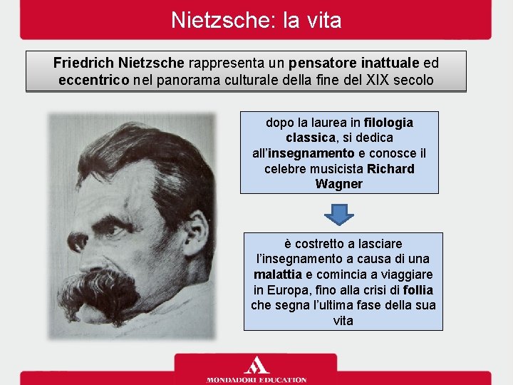 Nietzsche: la vita Friedrich Nietzsche rappresenta un pensatore inattuale ed eccentrico nel panorama culturale