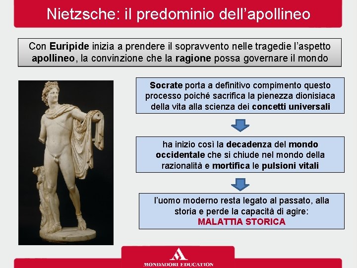 Nietzsche: il predominio dell’apollineo Con Euripide inizia a prendere il sopravvento nelle tragedie l’aspetto