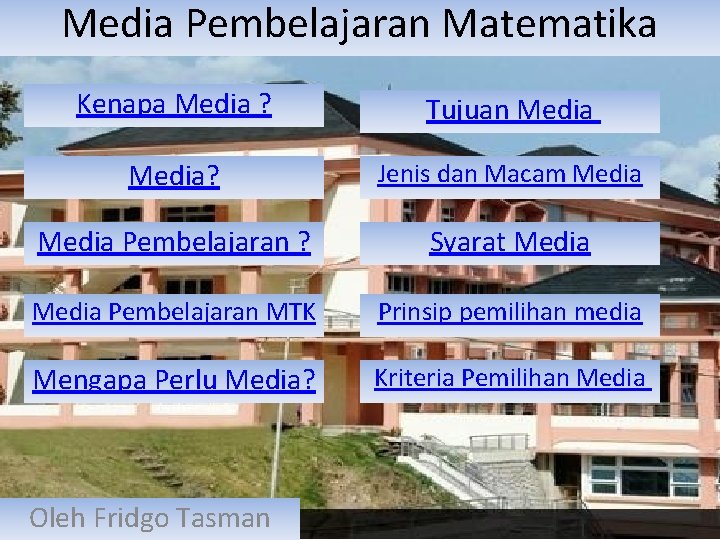 Media Pembelajaran Matematika Kenapa Media ? Tujuan Media? Jenis dan Macam Media Pembelajaran ?