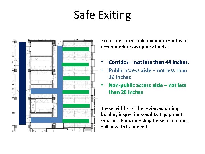 Safe Exiting Exit routes have code minimum widths to accommodate occupancy loads: • Corridor