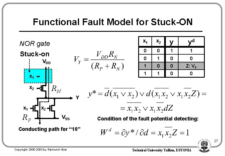 Functional Fault Model for Stuck-ON NOR gate Stuck-on VDD x 1 x 2 y