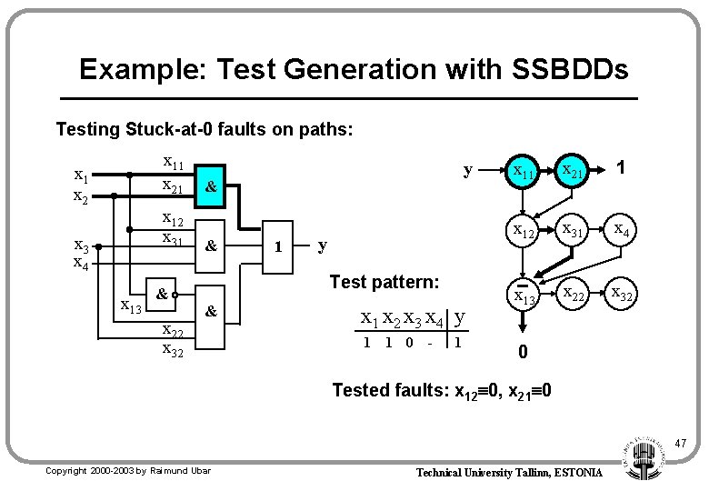 Example: Test Generation with SSBDDs Testing Stuck-at-0 faults on paths: x 11 x 21