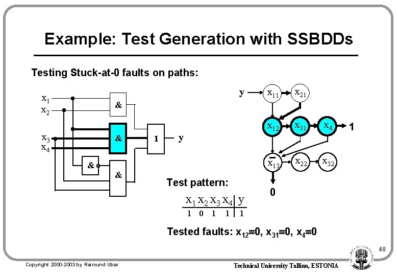 Example: Test Generation with SSBDDs Testing Stuck-at-0 faults on paths: y x 1 x