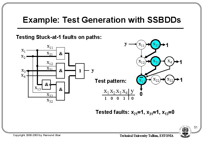 Example: Test Generation with SSBDDs Testing Stuck-at-1 faults on paths: x 11 x 21