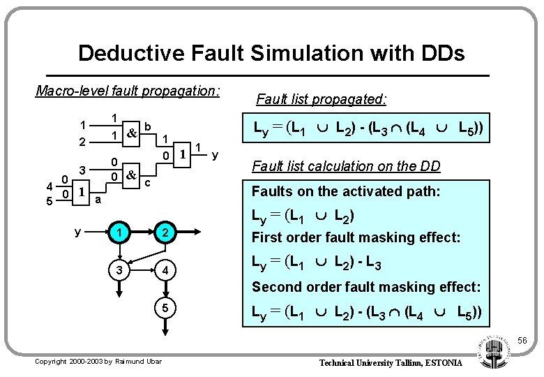 Deductive Fault Simulation with DDs Macro-level fault propagation: 1 1 2 0 4 0