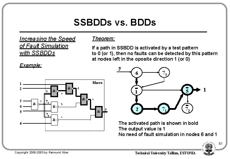 SSBDDs vs. BDDs Theorem: Increasing the Speed of Fault Simulation with SSBDDs If a