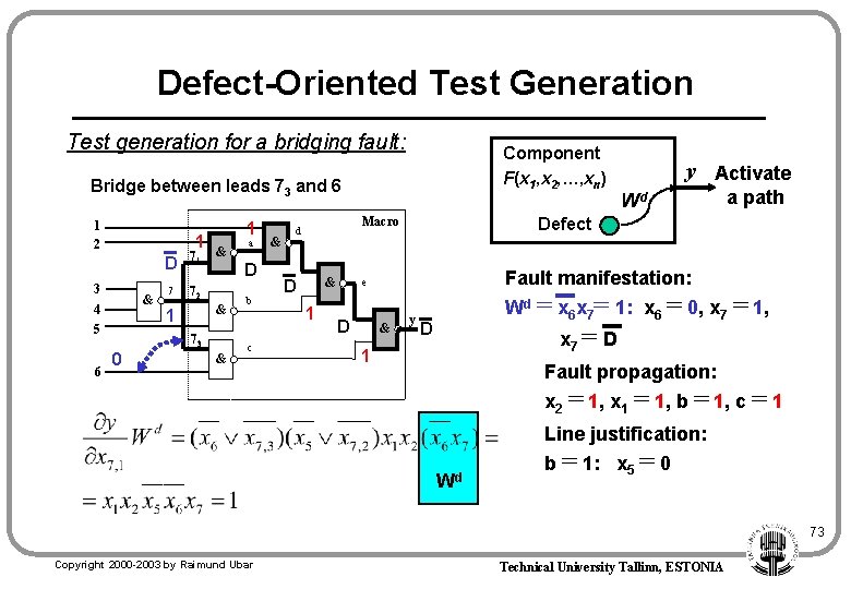 Defect-Oriented Test Generation Test generation for a bridging fault: Component F(x 1, x 2,