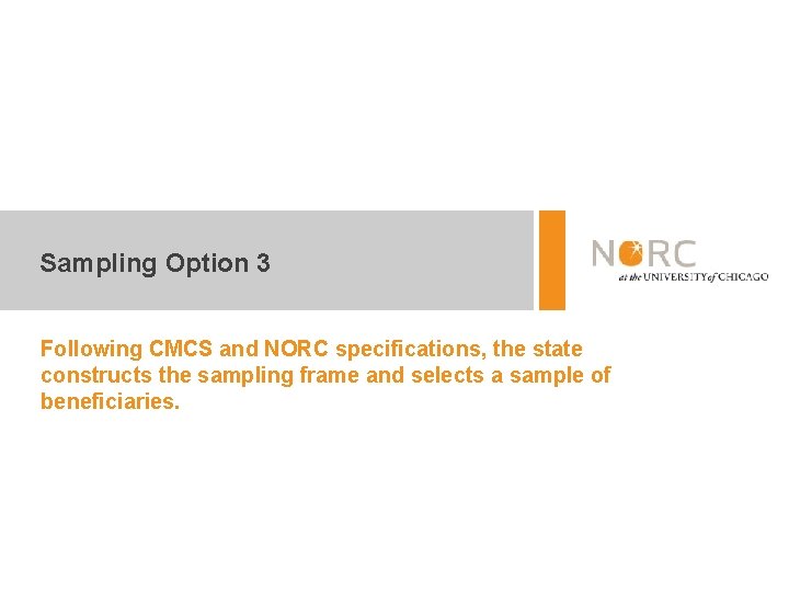 Sampling Option 3 Following CMCS and NORC specifications, the state constructs the sampling frame Sampling Option 3 Following CMCS and NORC specifications, the state constructs the sampling frame