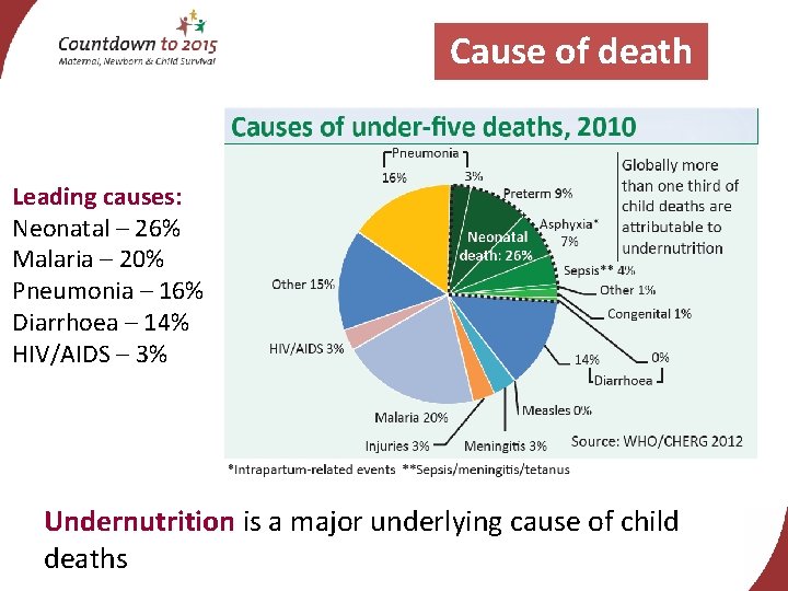 Cause of death Leading causes: Neonatal – 26% Malaria – 20% Pneumonia – 16%