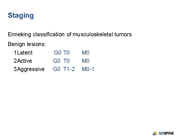 Staging Enneking classification of musculoskeletal tumors Benign lesions: 1 Latent 2 Active 3 Aggressive