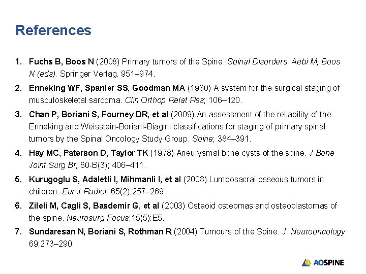 References 1. Fuchs B, Boos N (2008) Primary tumors of the Spine. Spinal Disorders.