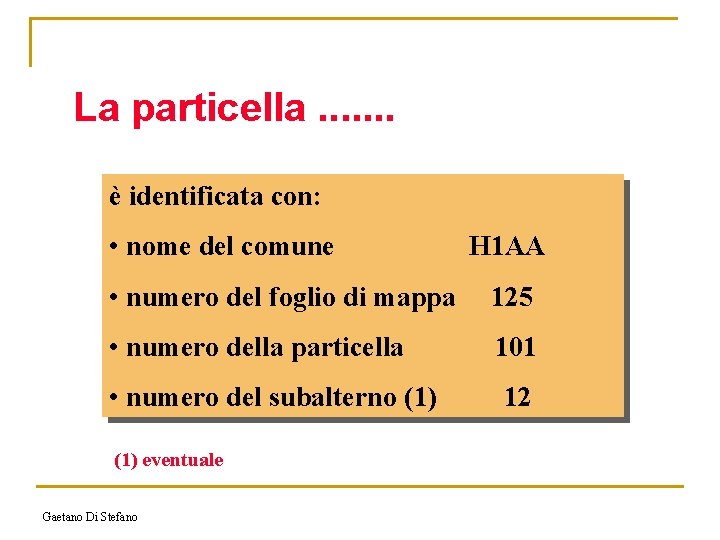 La particella. . . . è identificata con: • nome del comune H 1