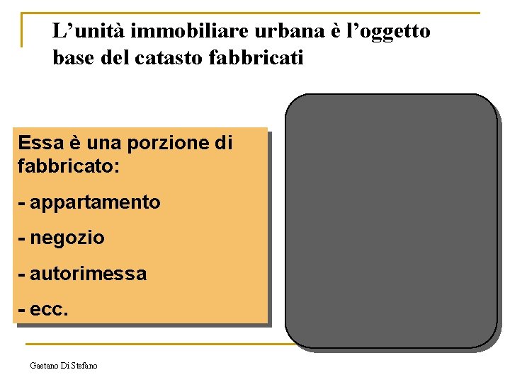 L’unità immobiliare urbana è l’oggetto base del catasto fabbricati Essa è una porzione di
