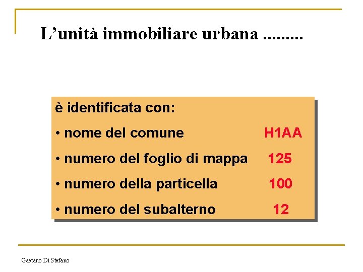 L’unità immobiliare urbana. . è identificata con: • nome del comune H 1 AA