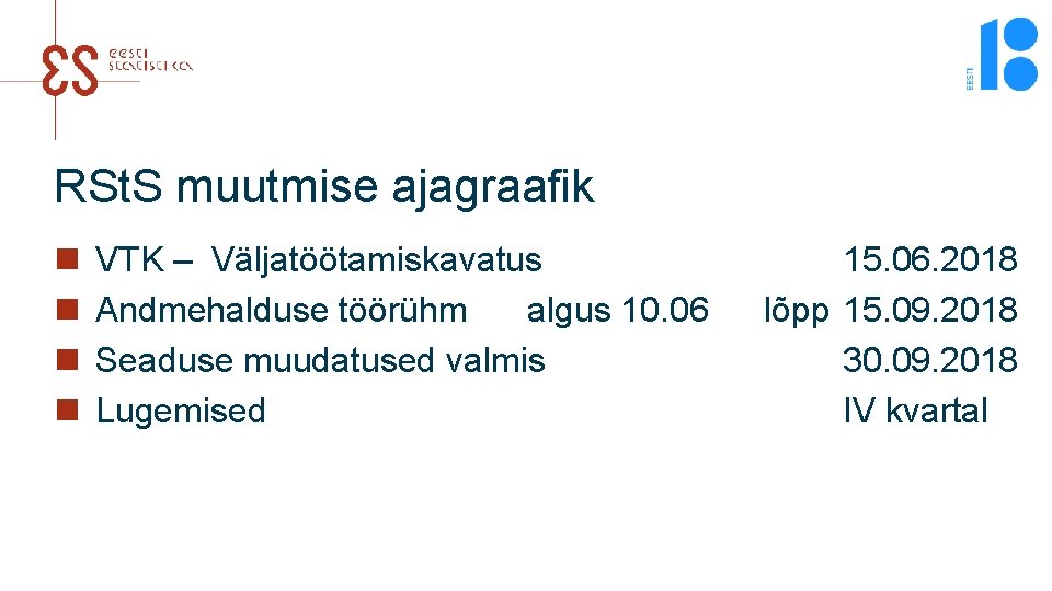 RSt. S muutmise ajagraafik n n VTK – Väljatöötamiskavatus Andmehalduse töörühm algus 10. 06