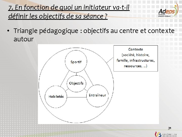 7. En fonction de quoi un initiateur va-t-il définir les objectifs de sa séance