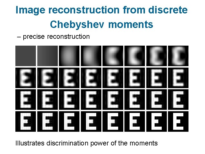 Image reconstruction from discrete Chebyshev moments – precise reconstruction Illustrates discrimination power of the