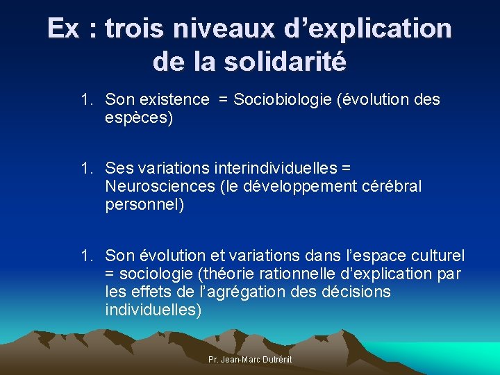 Ex : trois niveaux d’explication de la solidarité 1. Son existence = Sociobiologie (évolution