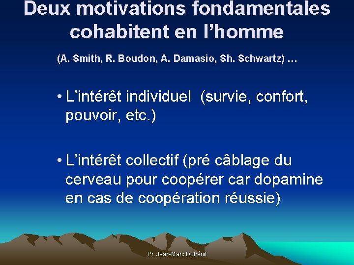 Deux motivations fondamentales cohabitent en l’homme (A. Smith, R. Boudon, A. Damasio, Sh. Schwartz)