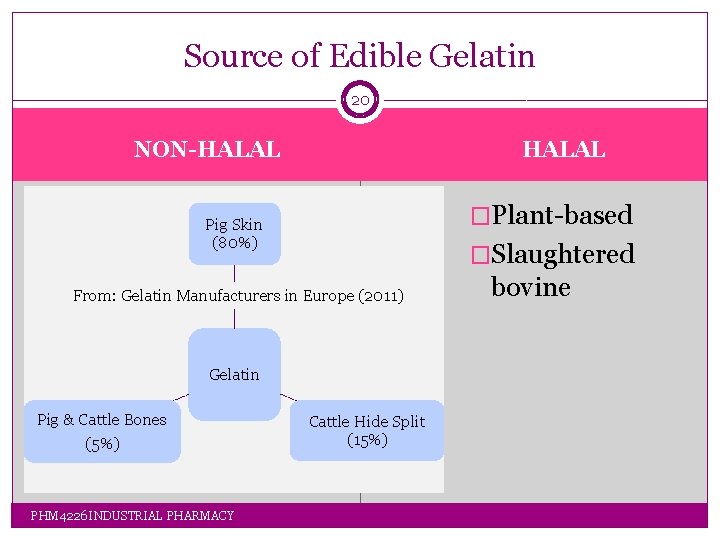 Source of Edible Gelatin 20 HALAL NON-HALAL �Plant-based Pig Skin (80%) �Slaughtered From: Gelatin Source of Edible Gelatin 20 HALAL NON-HALAL �Plant-based Pig Skin (80%) �Slaughtered From: Gelatin