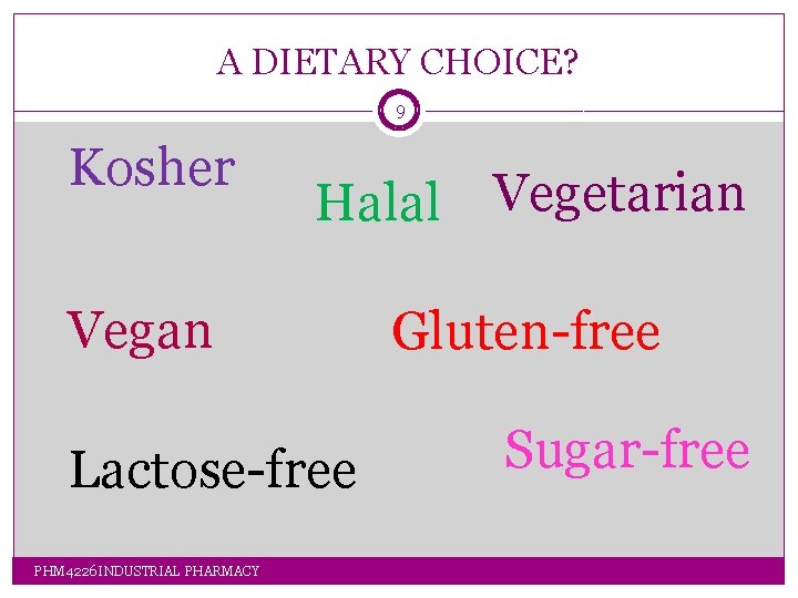 A DIETARY CHOICE? 9 Kosher Halal Vegetarian Vegan Gluten-free Lactose-free PHM 4226 INDUSTRIAL PHARMACY A DIETARY CHOICE? 9 Kosher Halal Vegetarian Vegan Gluten-free Lactose-free PHM 4226 INDUSTRIAL PHARMACY