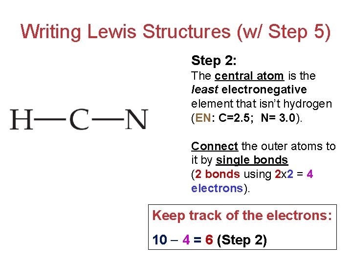 Writing Lewis Structures (w/ Step 5) Step 2: The central atom is the least