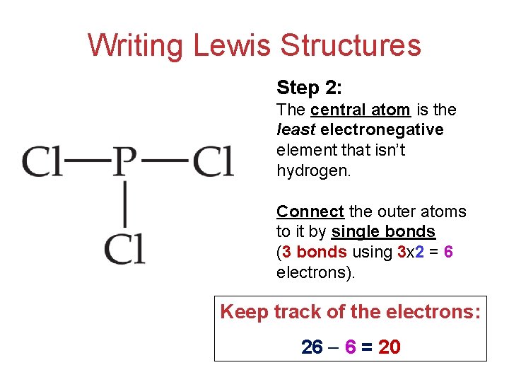 Writing Lewis Structures Step 2: The central atom is the least electronegative element that