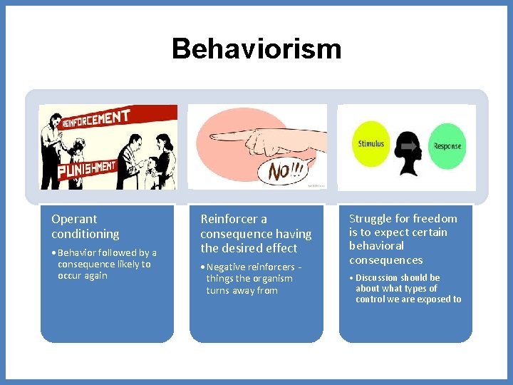 Behaviorism Operant conditioning • Behavior followed by a consequence likely to occur again Reinforcer