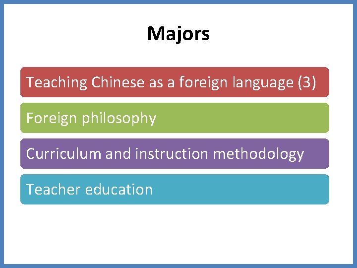 Majors Teaching Chinese as a foreign language (3) Foreign philosophy Curriculum and instruction methodology