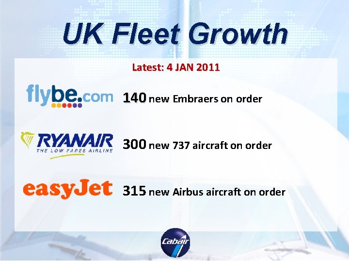 UK Fleet Growth Latest: 4 JAN 2011 140 new Embraers on order 300 new UK Fleet Growth Latest: 4 JAN 2011 140 new Embraers on order 300 new