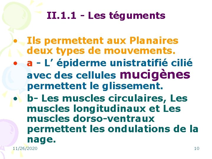 II. 1. 1 - Les téguments • Ils permettent aux Planaires deux types de